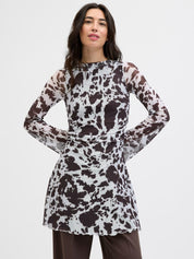 Minna Black Coffee Cow Mesh Long Mini Dress