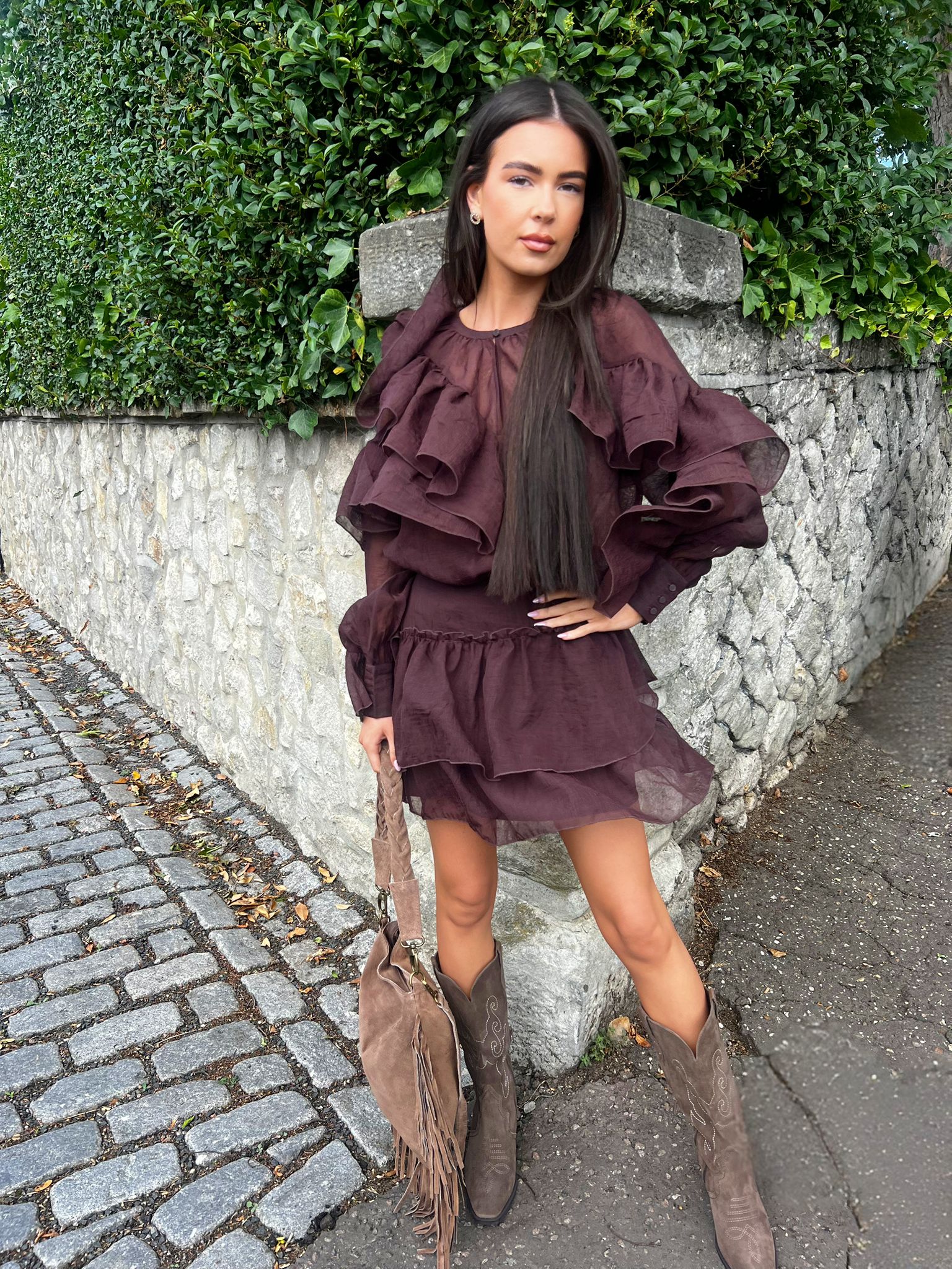 Sabrina Brown O-Neck Flounce Top