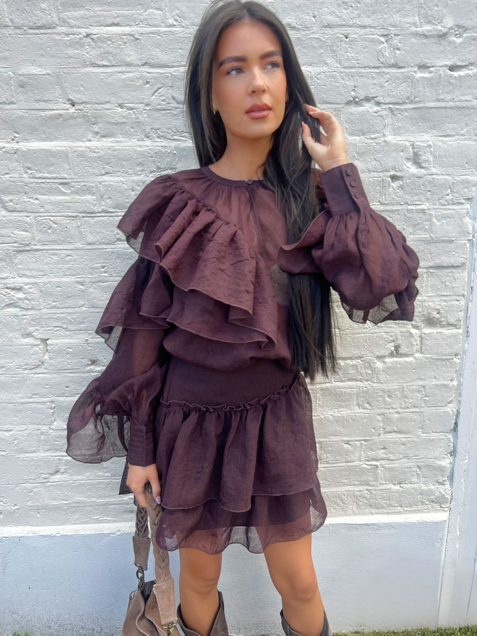 Sabrina Brown O-Neck Flounce Top