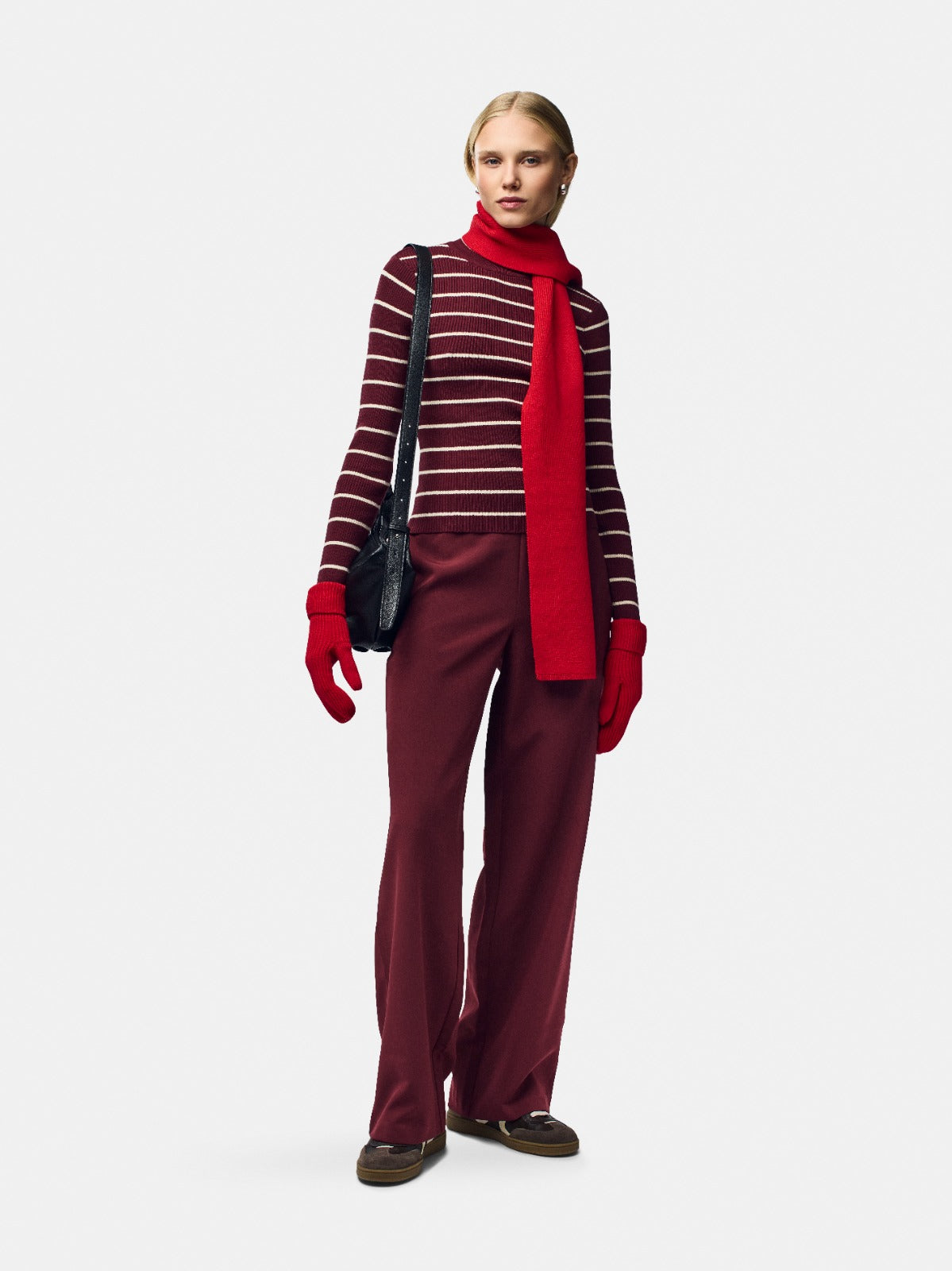 Mira Wine Striped Ribbed O-Neck Fitted Knit Top