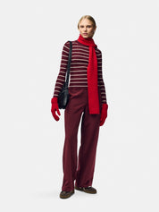 Mira Wine Striped Ribbed O-Neck Fitted Knit Top