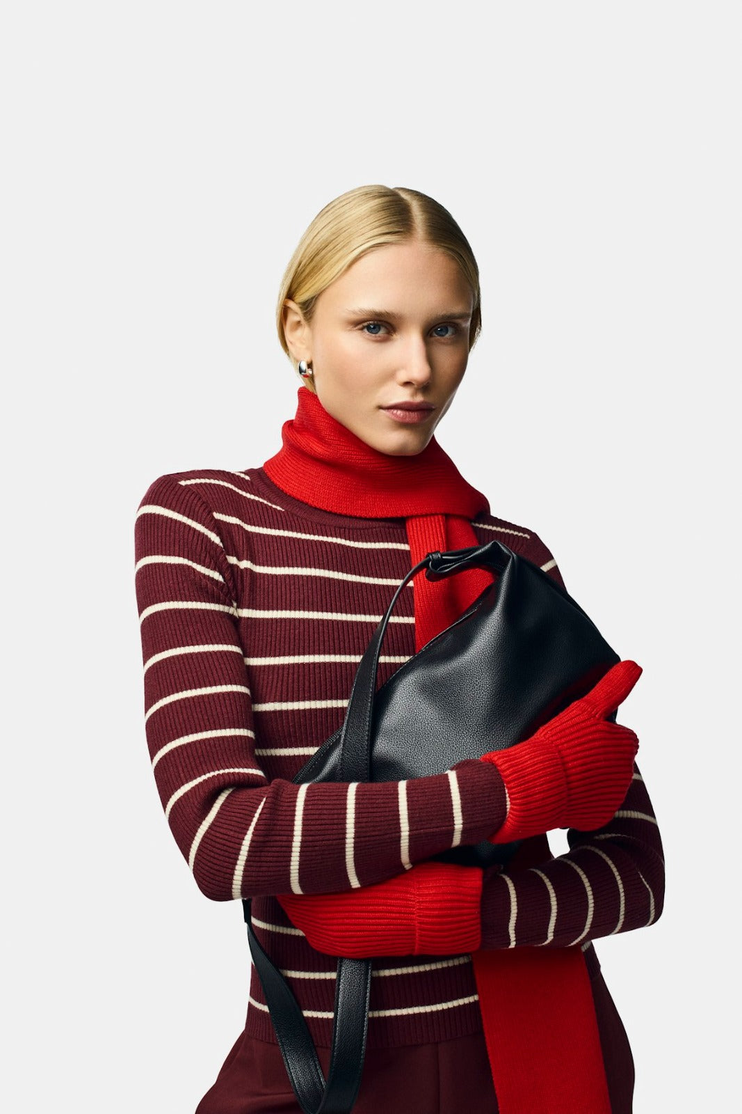 Mira Wine Striped Ribbed O-Neck Fitted Knit Top