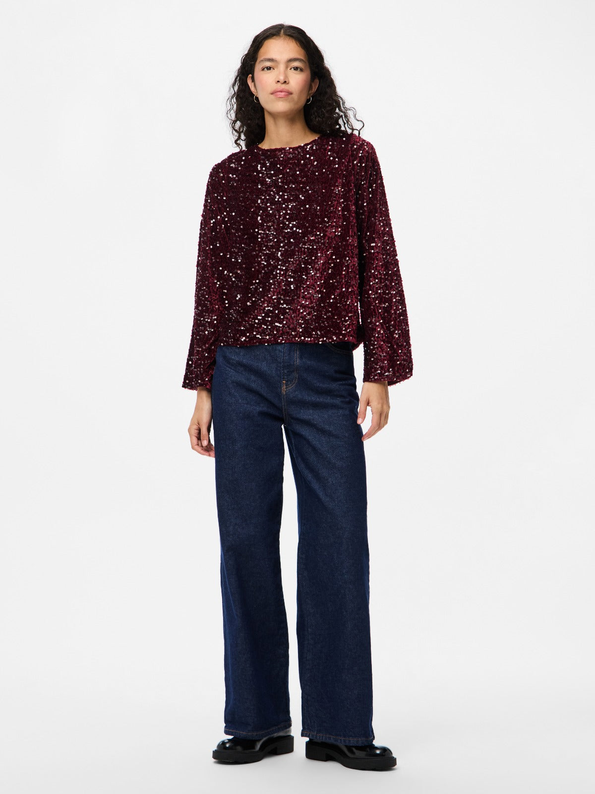 Kam Sequin Long Sleeve Top with Bow Detail - Wine