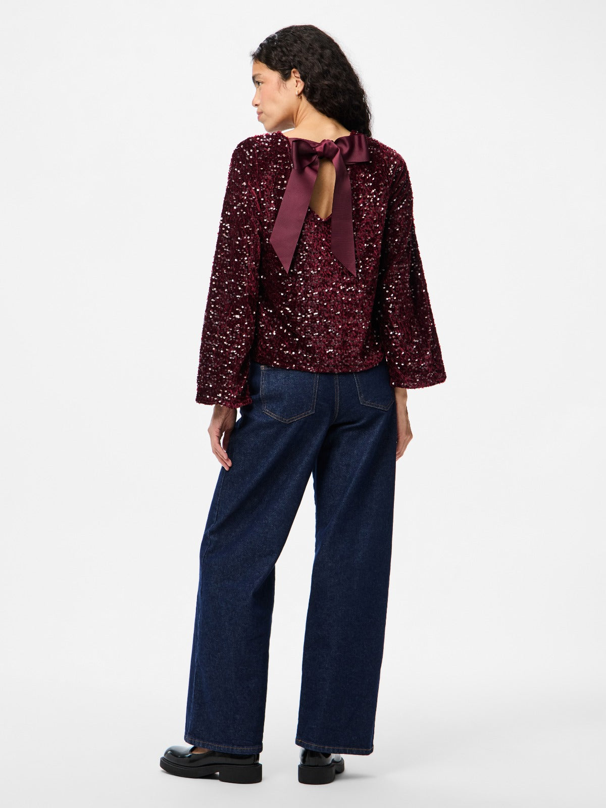 Kam Sequin Long Sleeve Top with Bow Detail - Wine