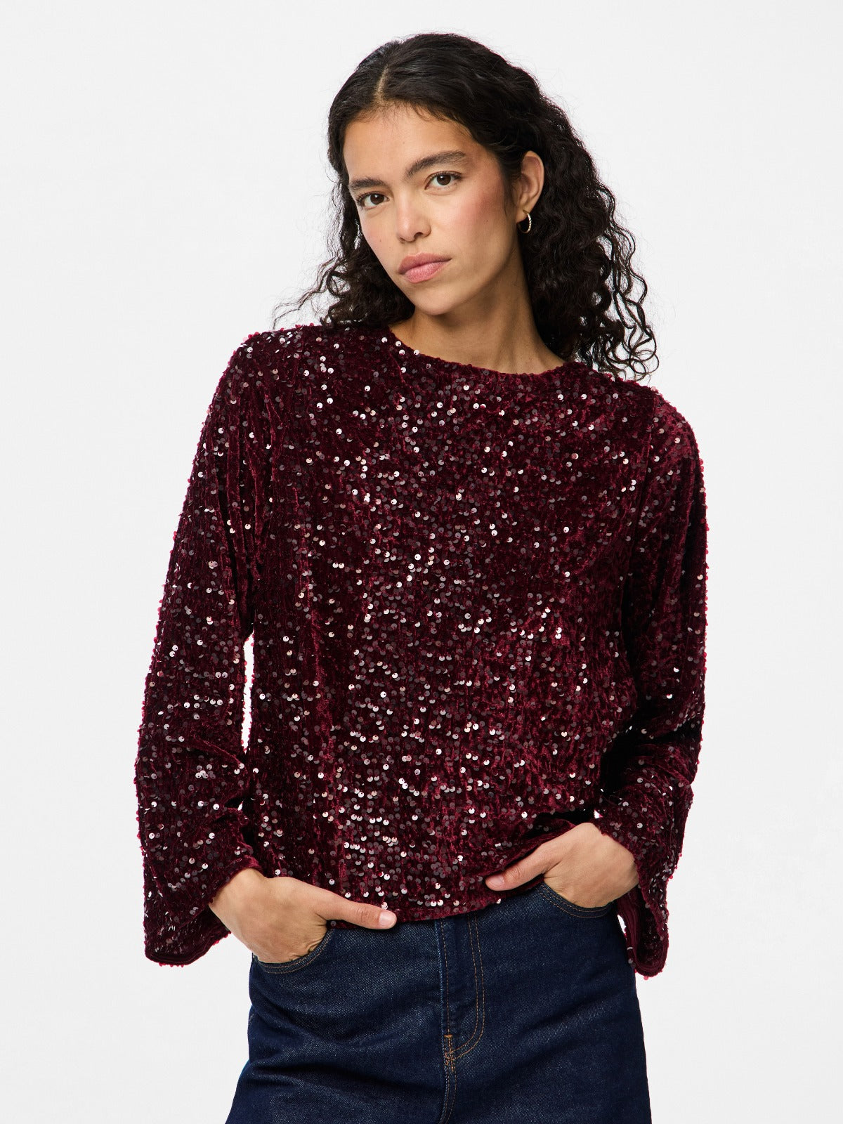 Kam Sequin Long Sleeve Top with Bow Detail - Wine