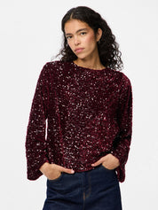 Kam Sequin Long Sleeve Top with Bow Detail - Wine