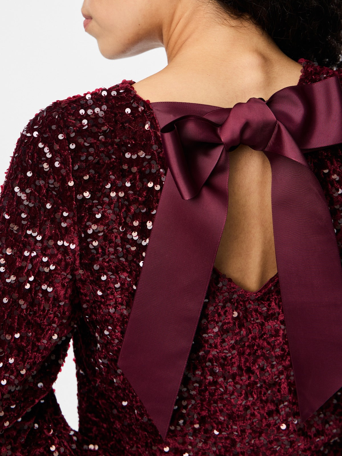 Kam Sequin Long Sleeve Top with Bow Detail - Wine