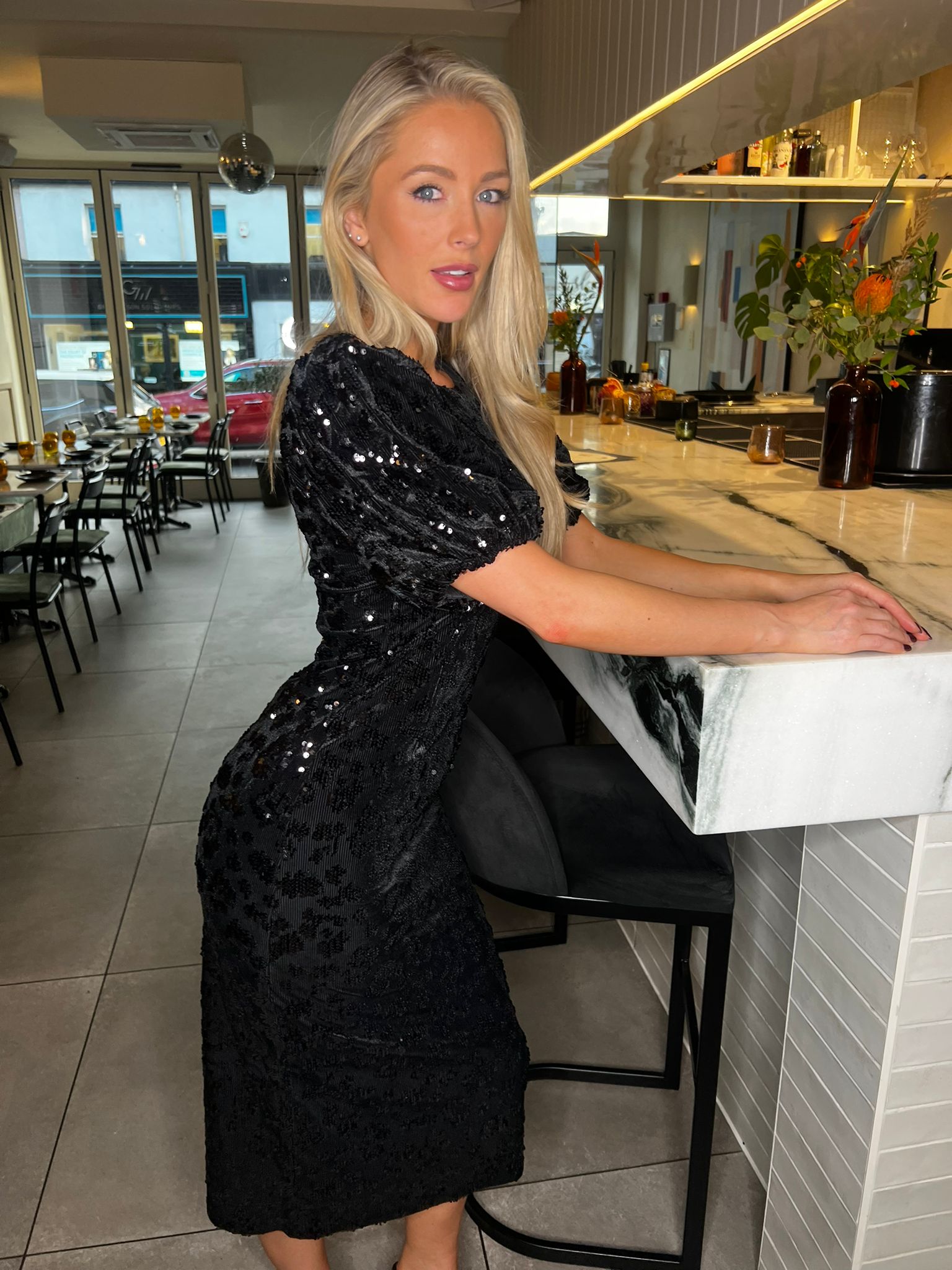 Sofie Sequin Midi Dress with Puff Sleeves