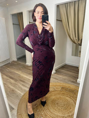 Remington Flocked Floral Cowl Neck Midi Dress Plum