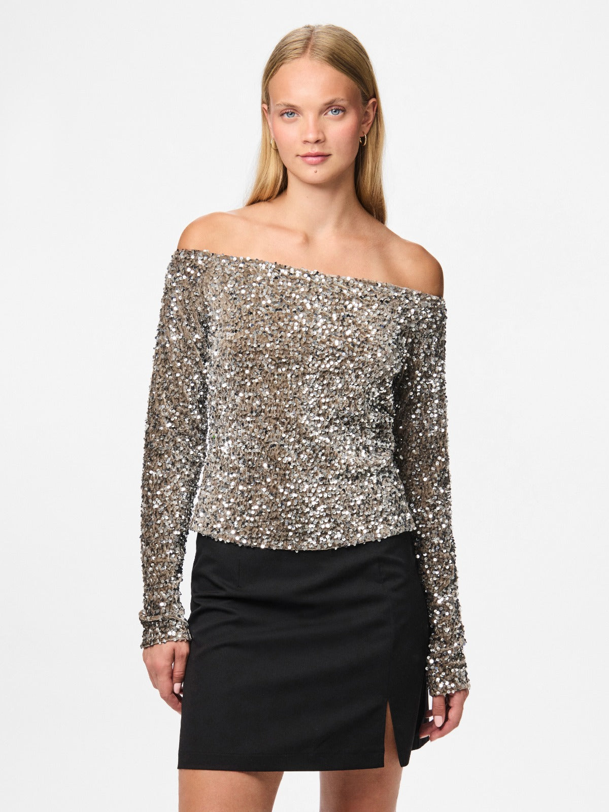 Kam Off the Shoulder Sequin Top Silver