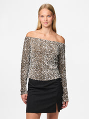 Kam Off the Shoulder Sequin Top Silver