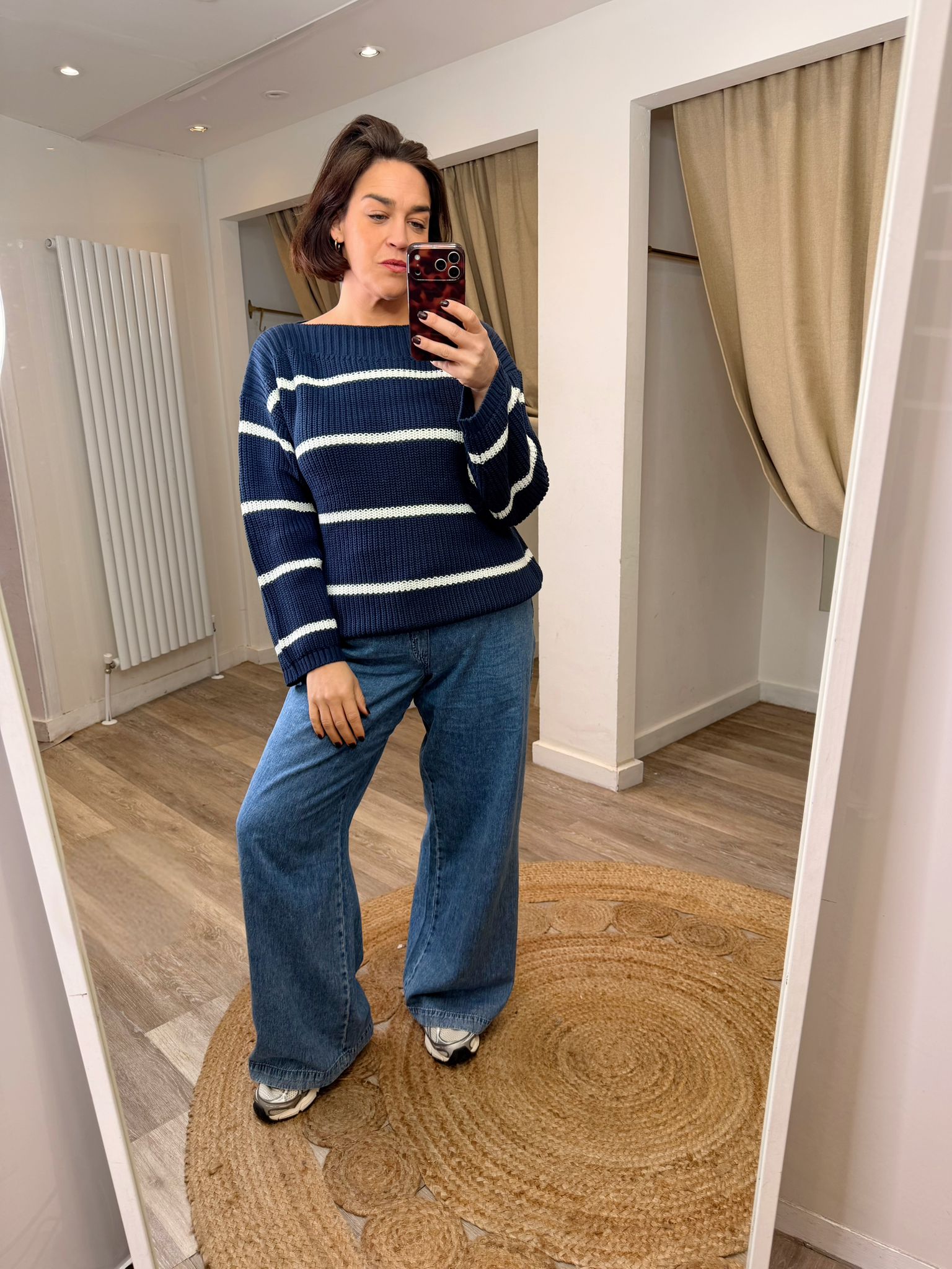 Flick Cotton Mix Boat Neck Stripe Jumper Navy