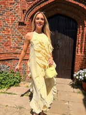 Finillo Yellow Polka Dot Frill Long Halterneck Dress