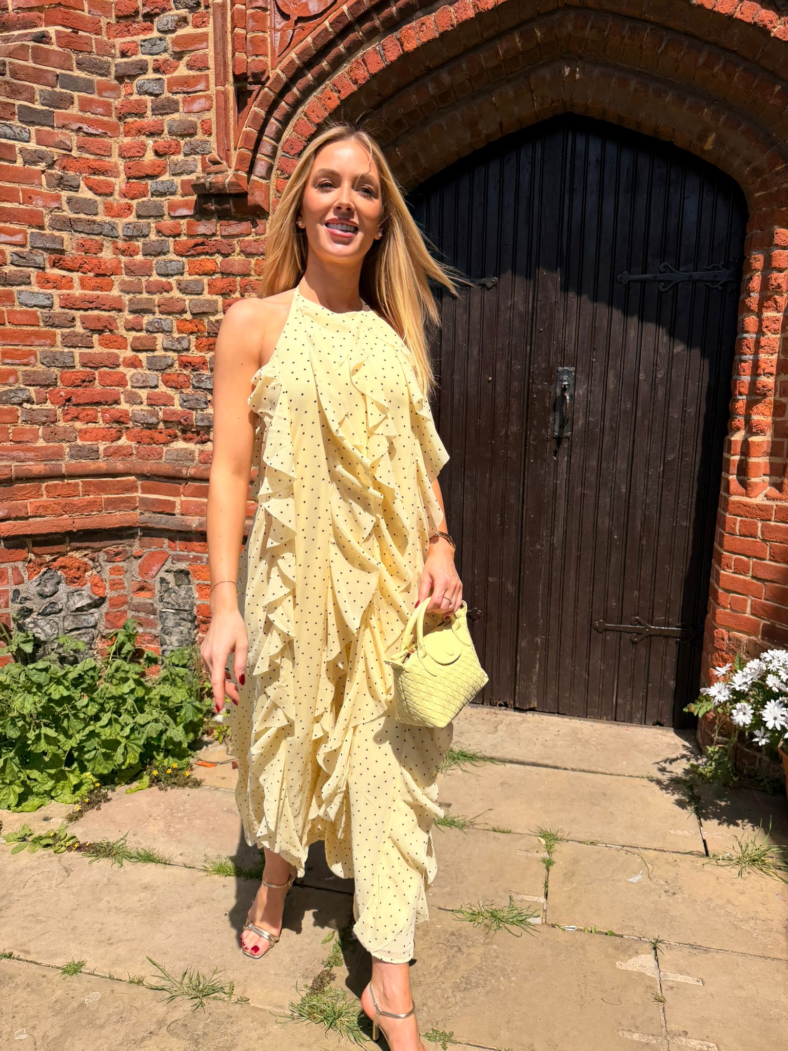 Finillo Yellow Polka Dot Frill Long Halterneck Dress