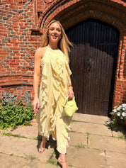 Finillo Yellow Polka Dot Frill Long Halterneck Dress