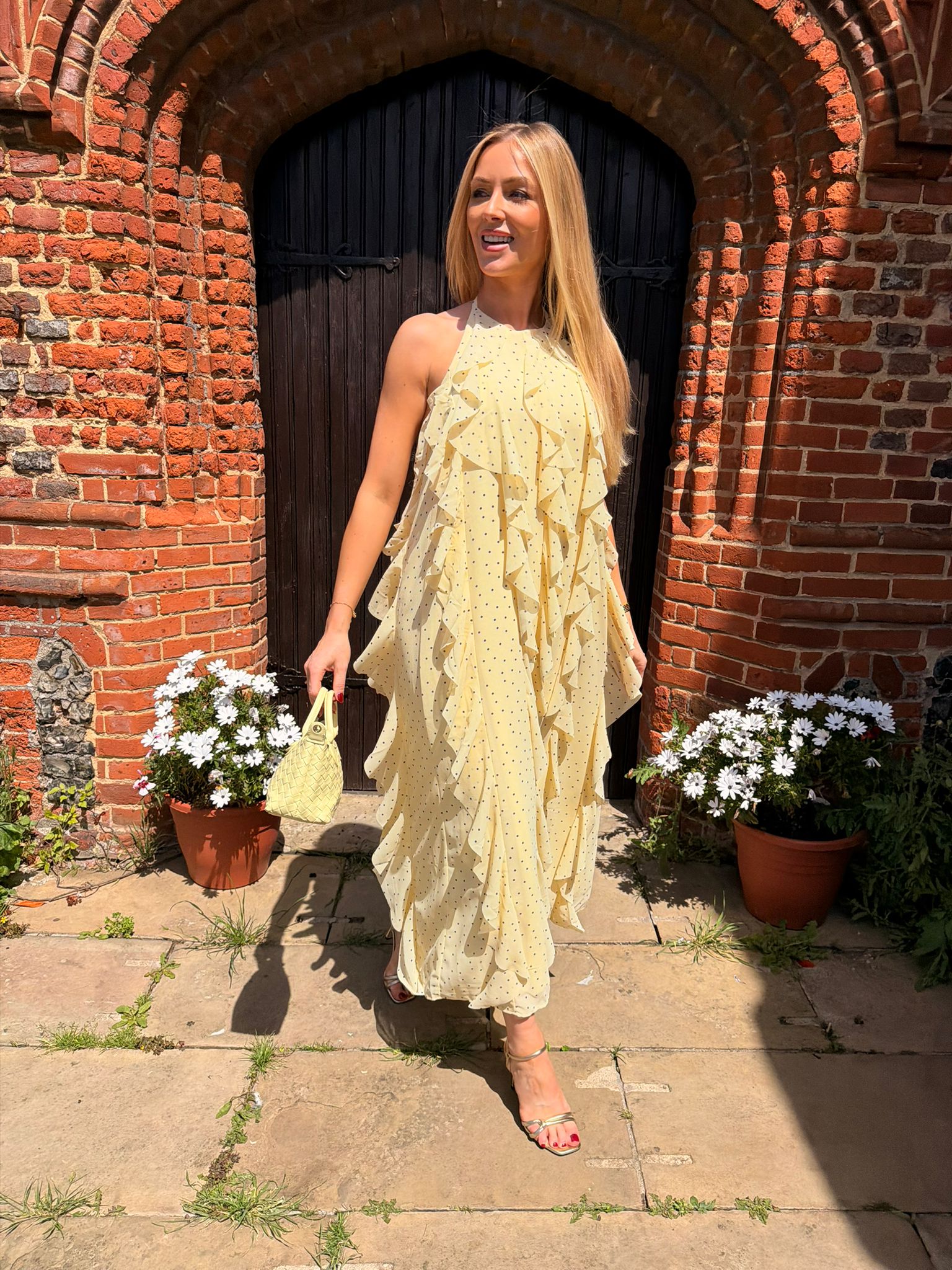 Finillo Yellow Polka Dot Frill Long Halterneck Dress