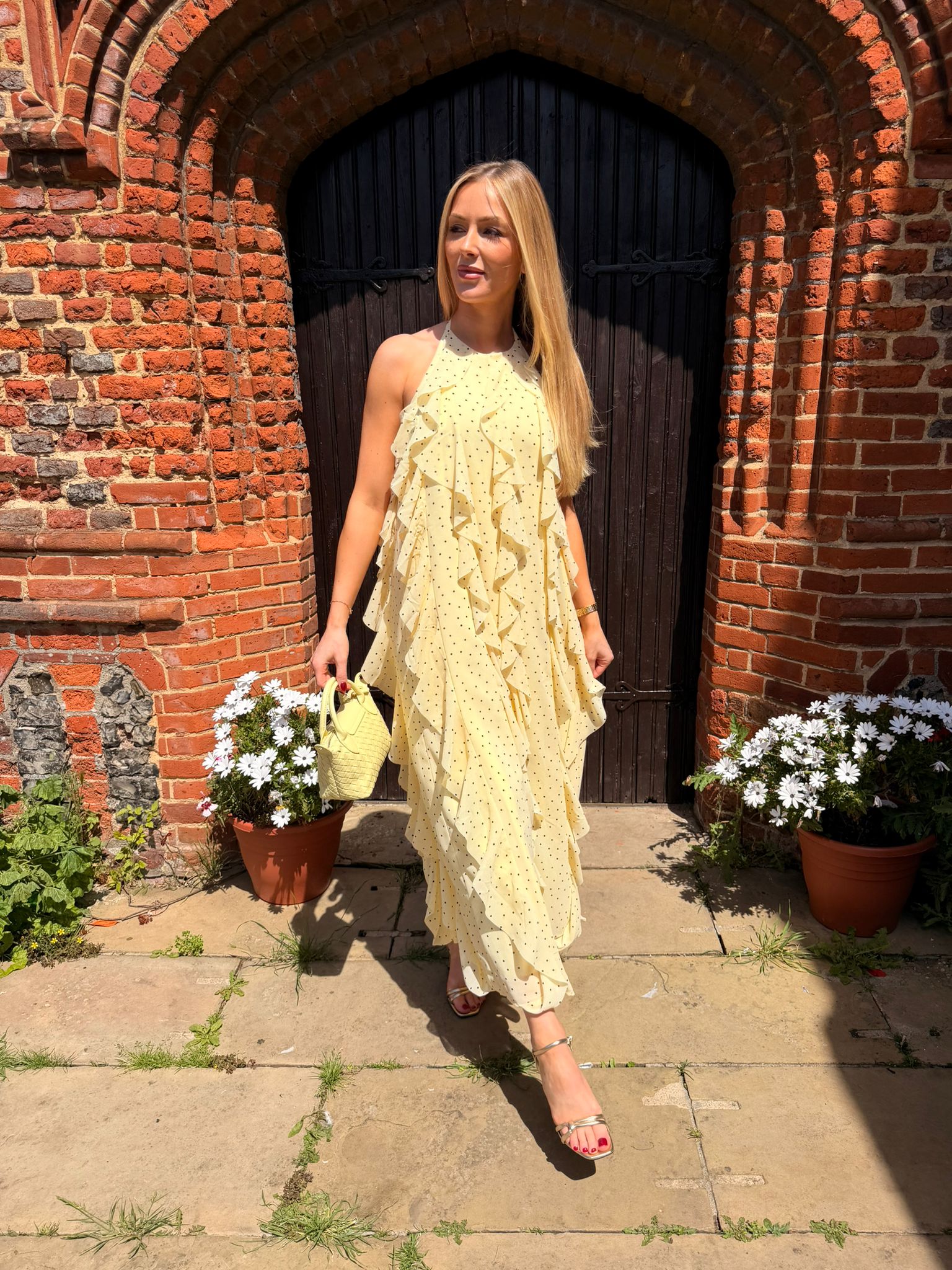 Finillo Yellow Polka Dot Frill Long Halterneck Dress