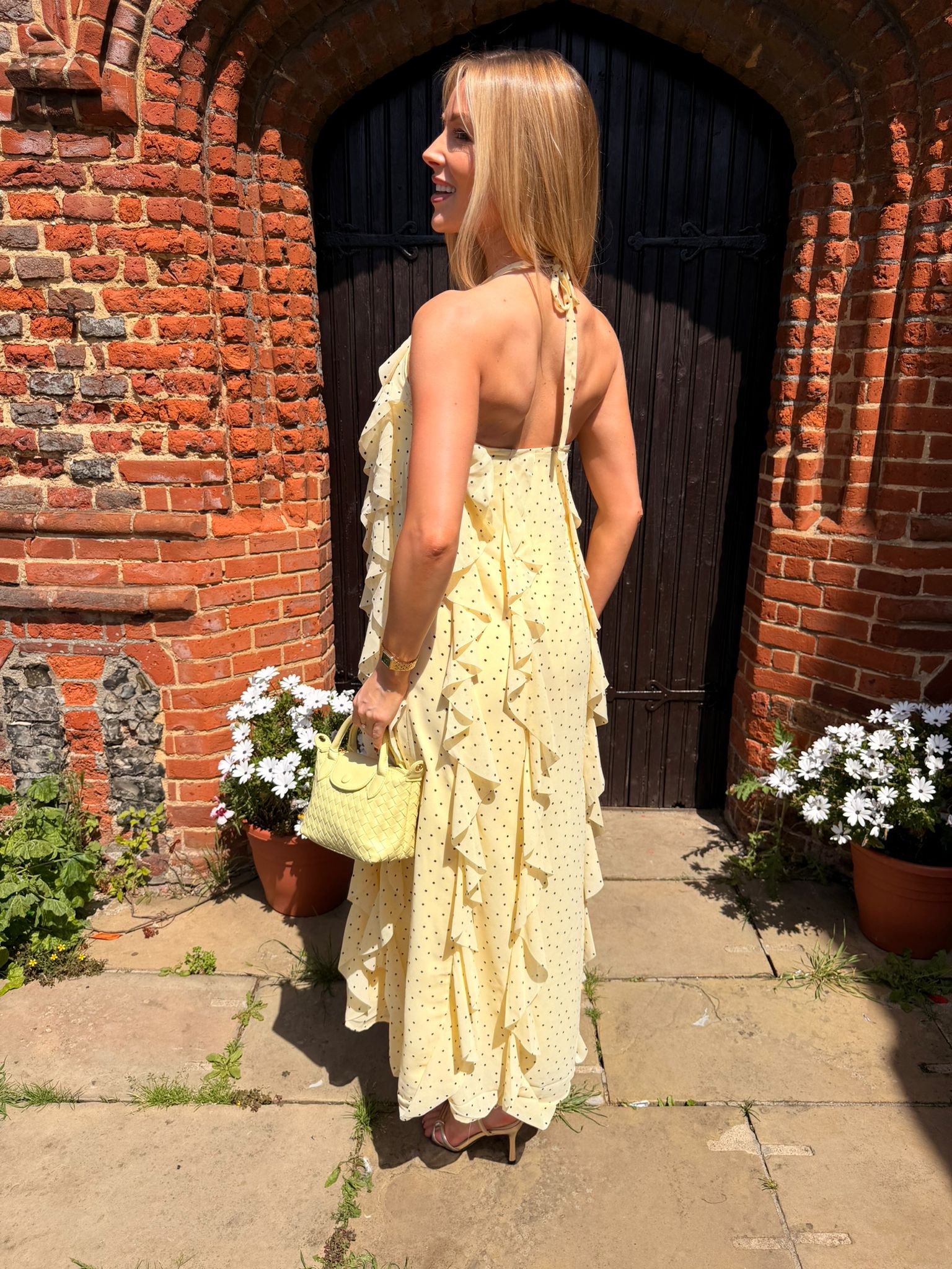 Finillo Yellow Polka Dot Frill Long Halterneck Dress