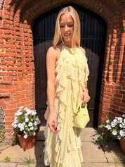 Finillo Yellow Polka Dot Frill Long Halterneck Dress