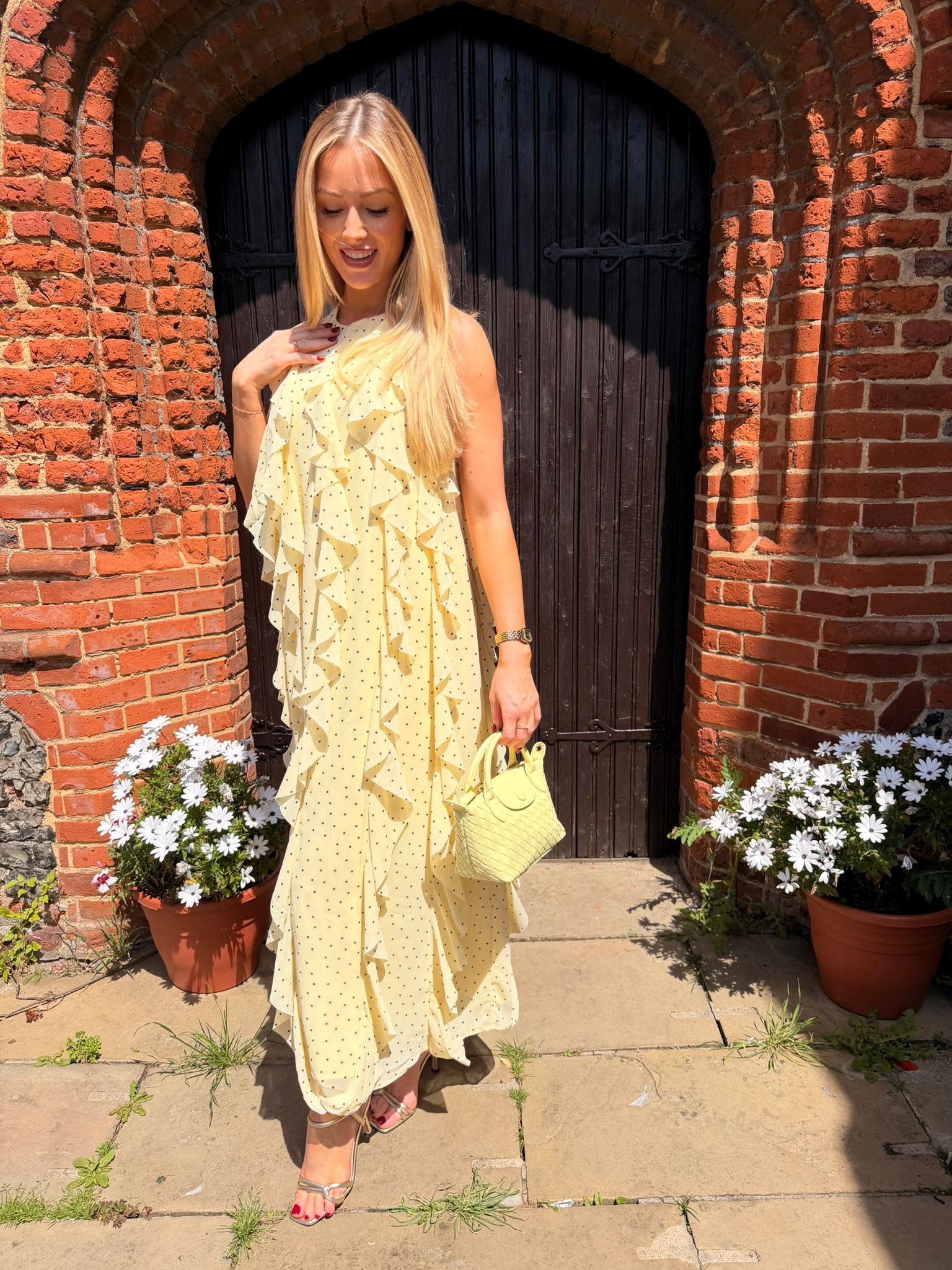 Finillo Yellow Polka Dot Frill Long Halterneck Dress