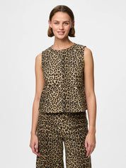 Salume O-neck Sleeveless Leopard Denim Top