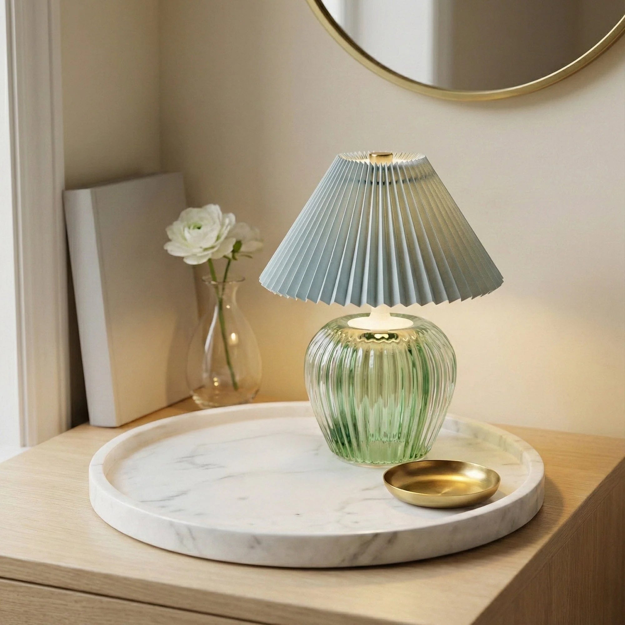Ridged Glass LED Table Lamp with Pleated Shade