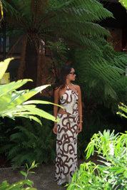 Jackie Natural Brown Swirl Split-Leg Maxi-Dress