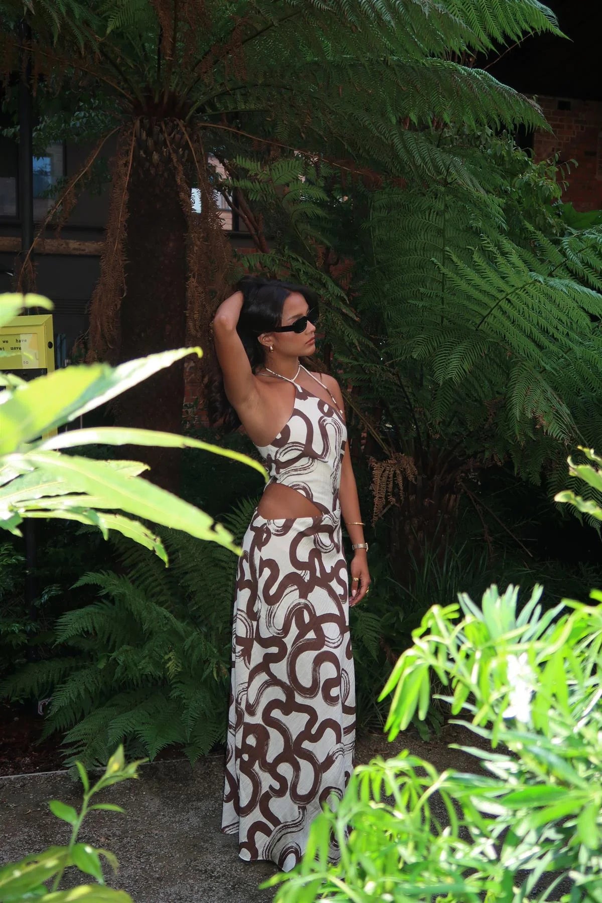 Jackie Natural Brown Swirl Split-Leg Maxi-Dress