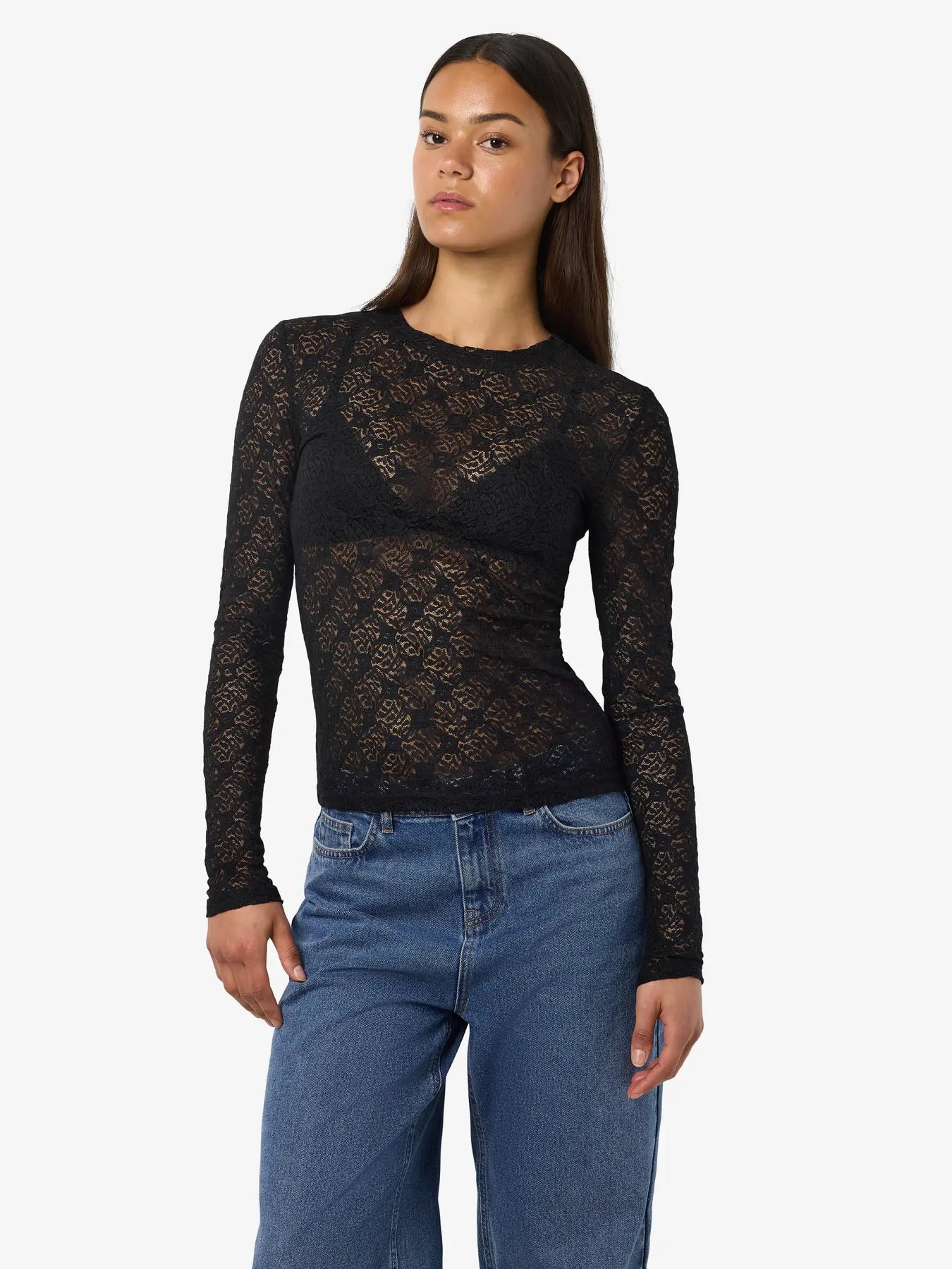 Judith Black Long Sleeve Lace Mesh Top