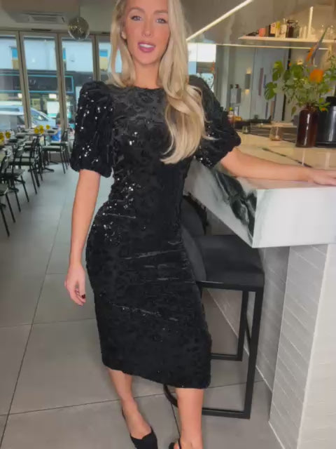 Sofie Sequin Midi Dress with Puff Sleeves