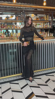 Bambi Black Lace Overlay Long Sleeve Fishtail Midi Dress