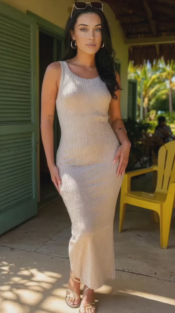 Lola Biscuit Ribbed Knit Round Neck Midi Dress