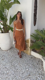 Lola Rust Halterneck Straw Belt Tiered Midi Dress