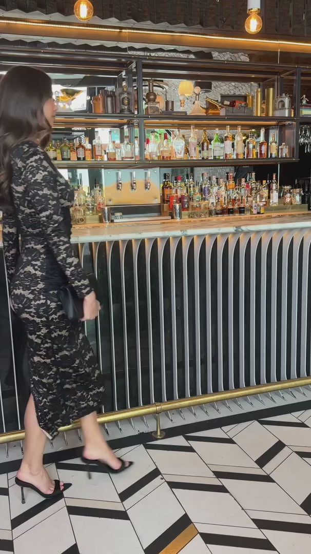 Anna Black Lace Contrast Draped Waist Midi Dress