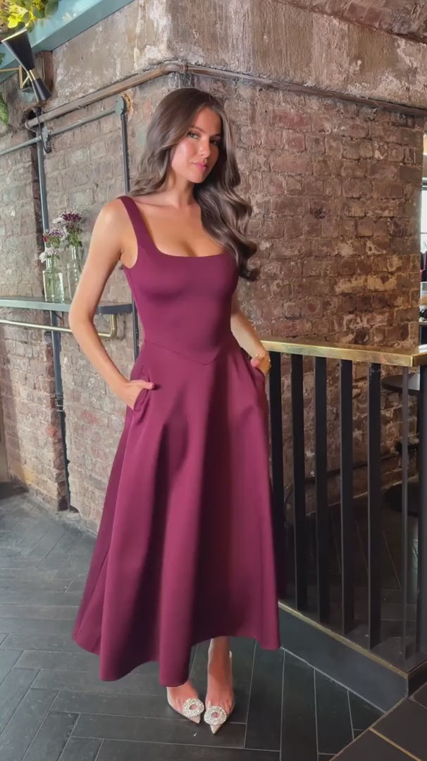 Rachel Plum Square Neck A-line Midi Dress