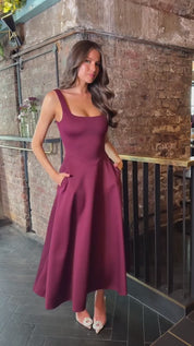 Rachel Plum Square Neck A-line Midi Dress