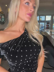 Donna Asymmetric Neckline Midi Dress Beaded Velvet