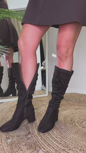 Roxy Ruched Knee High Block Heel Boot