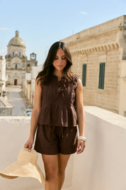 Evira Brown Tie Front Top