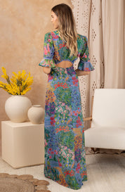 The Hazel Frill Sleeve Thigh Split Open Back Maxi Dress