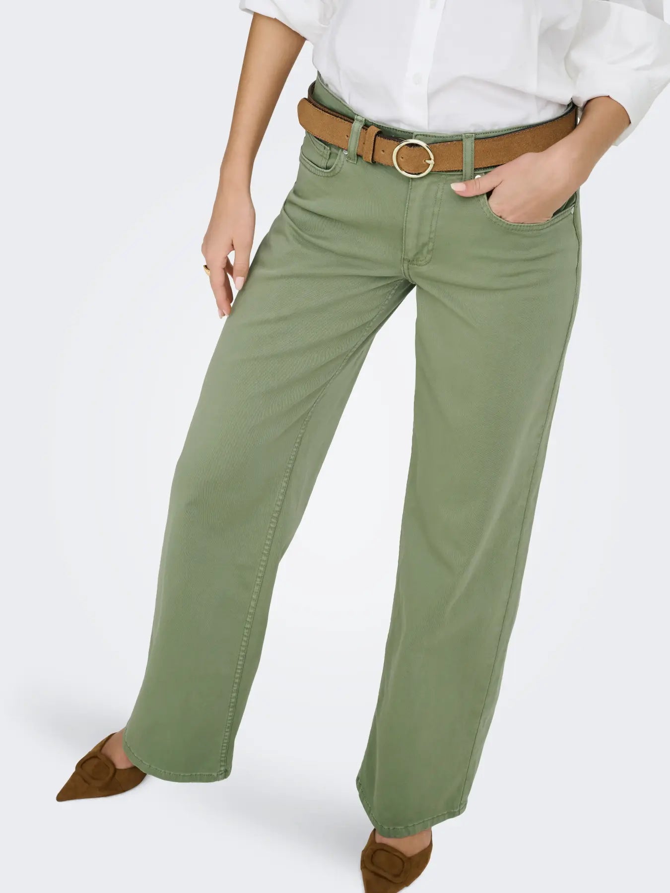 Madison Olive Green Denim Wide-Leg Jeans
